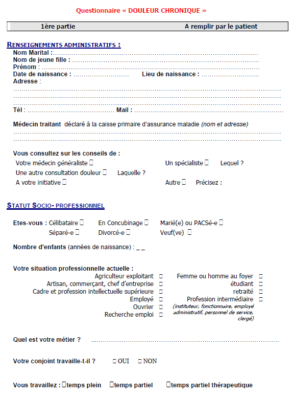 questionnaire douleur